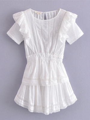 Summer Short Sleeve Vocation Women White Mini Dress Holiday Lace Ruffled Dress Pink