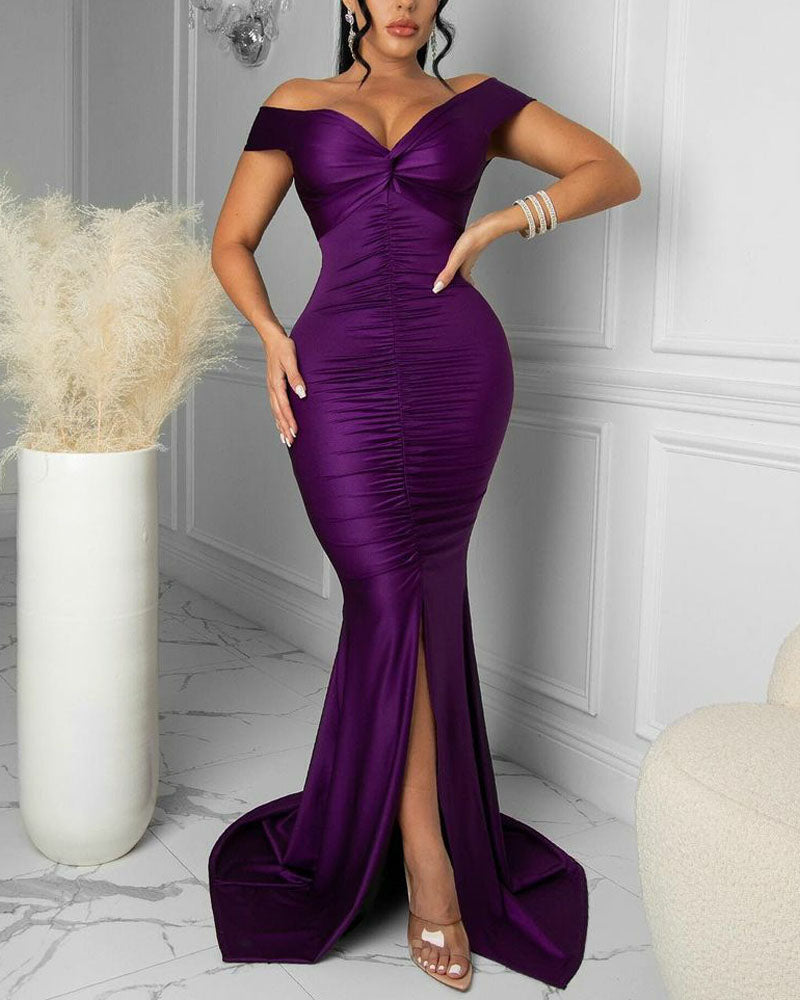 Satin Off Shoulder Ruched Split Mermaid Dress - Image 3