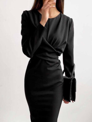 Fashion Long Sleeve Waist Midi Dress