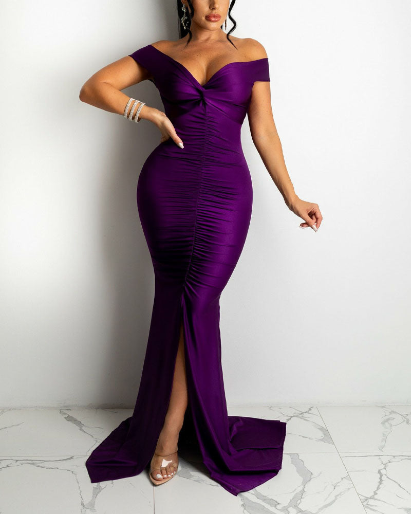 Satin Off Shoulder Ruched Split Mermaid Dress - Image 4