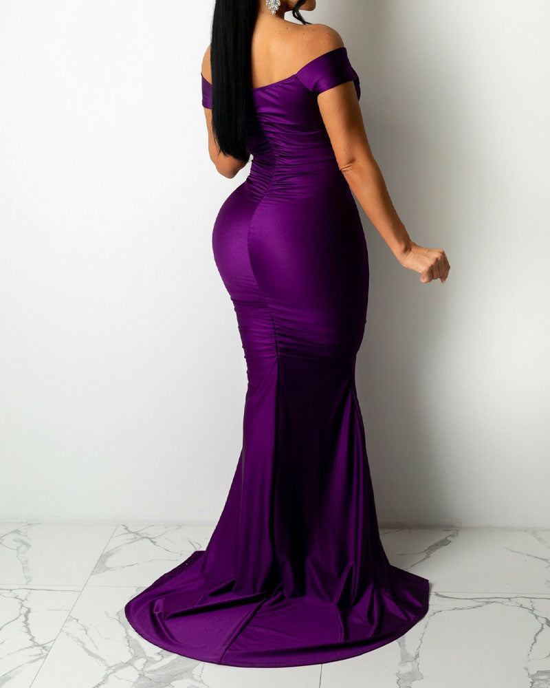 Satin Off Shoulder Ruched Split Mermaid Dress - Image 2
