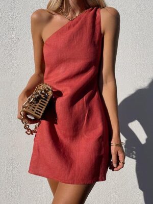 Minimalism One Shoulder Linen Mini Dress