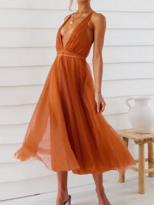 Plunging Neck Backless Mesh Midi Dress
