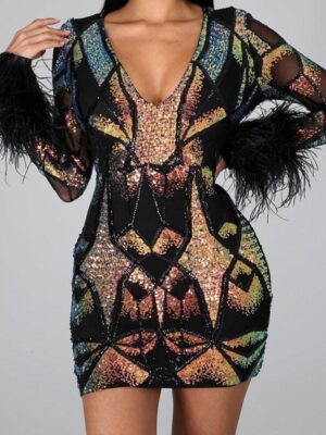 Sequined Party V Neck Mini Dress