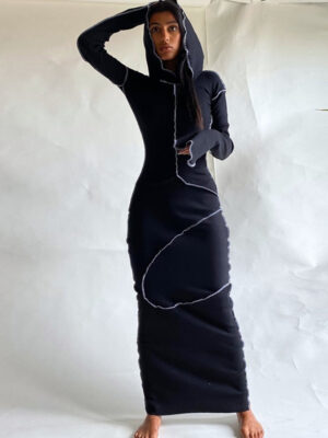 Long Sleeve Hooded Patchwork Skinny Maxi Dress Autumn Winter Women Fashion Streetwear Casual Outfits