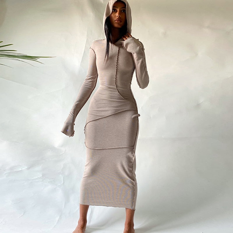 Long Sleeve Hooded Patchwork Skinny Maxi Dress Autumn Winter Women Fashion Streetwear Casual Outfits - Image 2