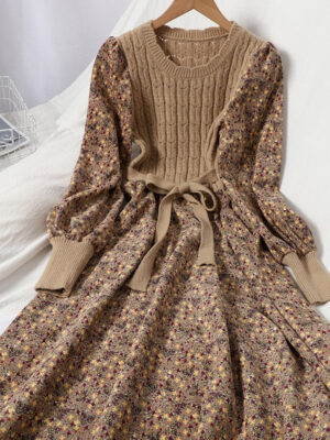 Corduroy Floral Women Dresses Vintage Knitted Patchwork Vestidos De Mujer Sweet Korean Long Dress A-line