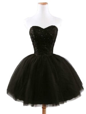 Elegant women short prom dress black lace up princess sweetheart beading fashion women black prom dress