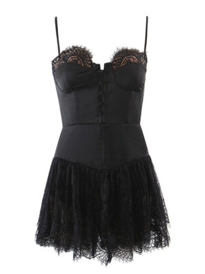 Romantic Women Lace Patchwork Sexy Sling Dress Ladies Satin Chiffon Super-Short Dress Summer Beach Vestido
