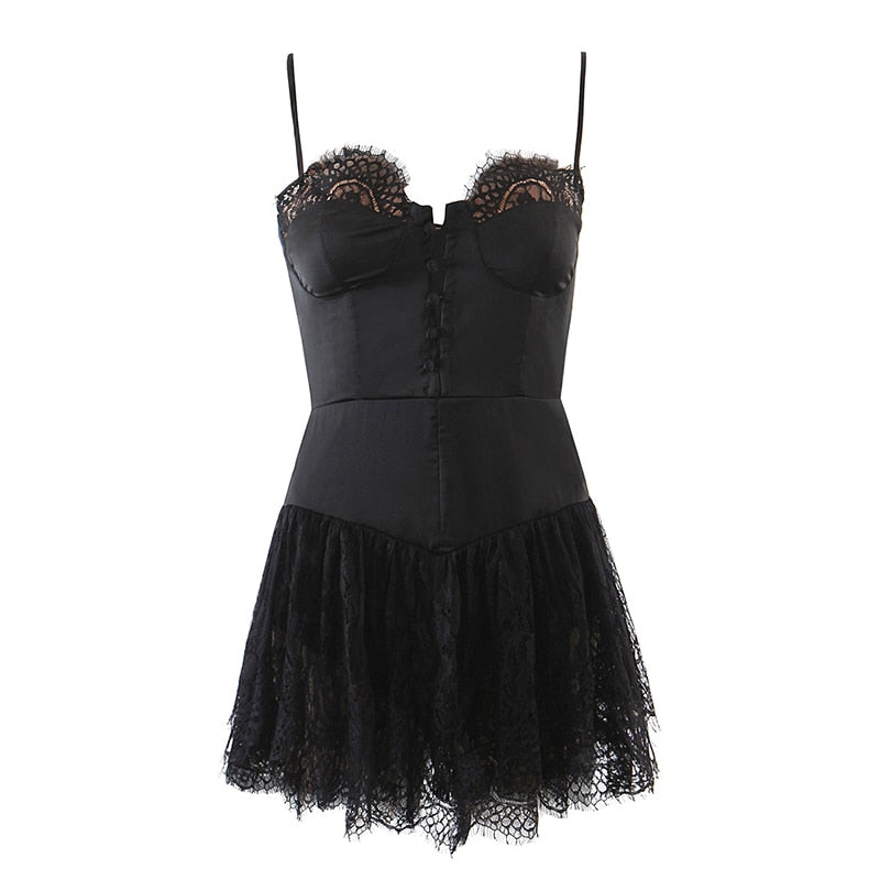 Romantic Women Lace Patchwork Sexy Sling Dress Ladies Satin Chiffon Super-Short Dress Summer Beach Vestido