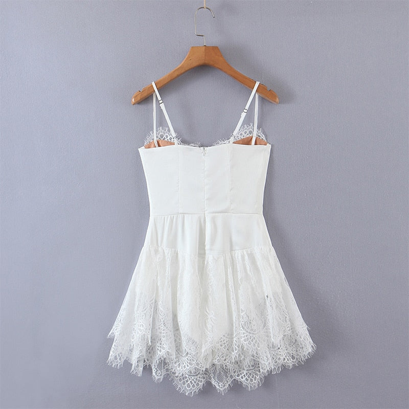 Romantic Women Lace Patchwork Sexy Sling Dress Ladies Satin Chiffon Super-Short Dress Summer Beach Vestido - Image 3