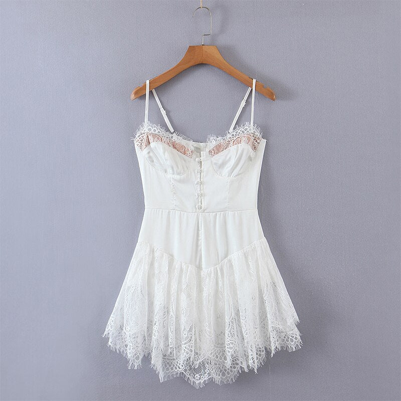 Romantic Women Lace Patchwork Sexy Sling Dress Ladies Satin Chiffon Super-Short Dress Summer Beach Vestido - Image 2
