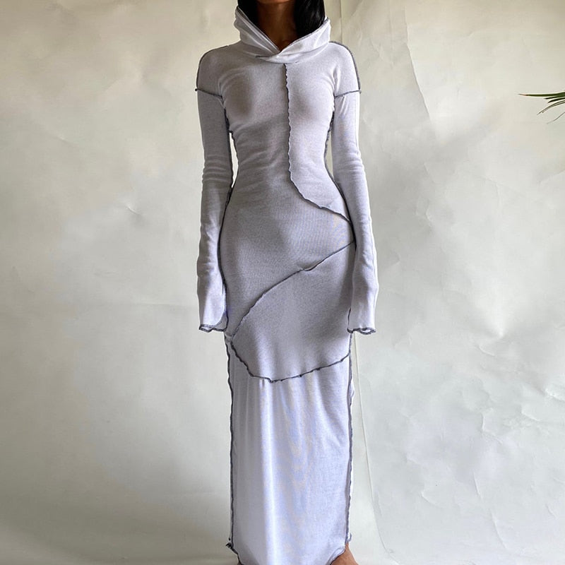Long Sleeve Hooded Patchwork Skinny Maxi Dress Autumn Winter Women Fashion Streetwear Casual Outfits - Image 4