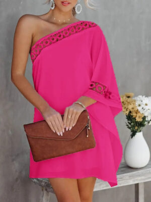 Contrast Lace One Shoulder Casual Dress Women Long Sleeve Mini Party Dress