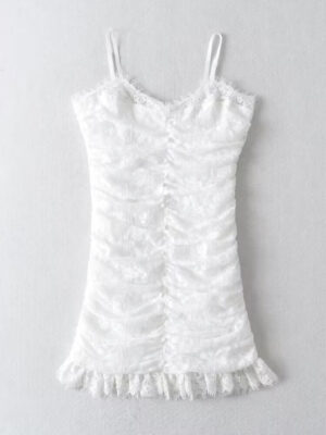 New Women Sleeveless White Sling Lace Dress Fashion Ladies Ruched Bodycon Mini Sexy Robe