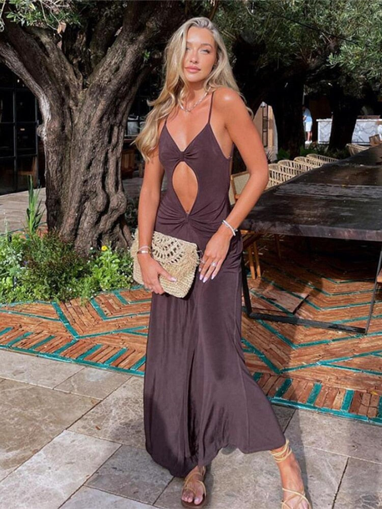 2023 Cut Out Brown Elegant Dress For Women Backless Ruched Draped Maxi Dresses Party Club Vestidos Y2K - Image 3