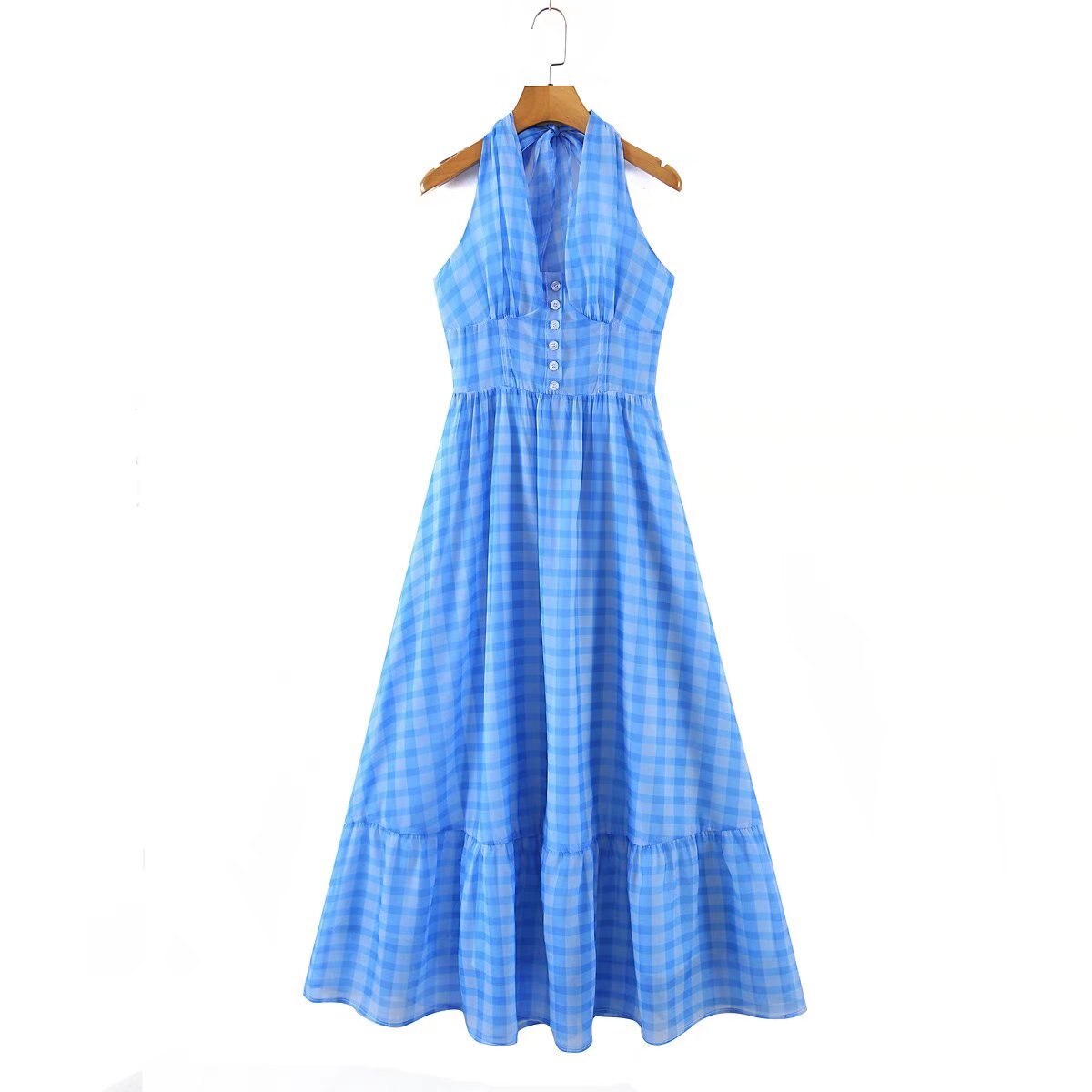 Romantic Women Blue Plaid Halter Long Dress Sexy Backless Sleeveless Ladies Holiday Summer Dresses Fairy Robe - Image 3