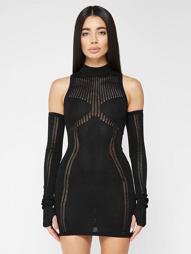 Women Fashion Solid Temperament Mini Dress Vintage Spliced Long Sleeve Hip Wrap Female Chic Lady Short Dresses - Image 4