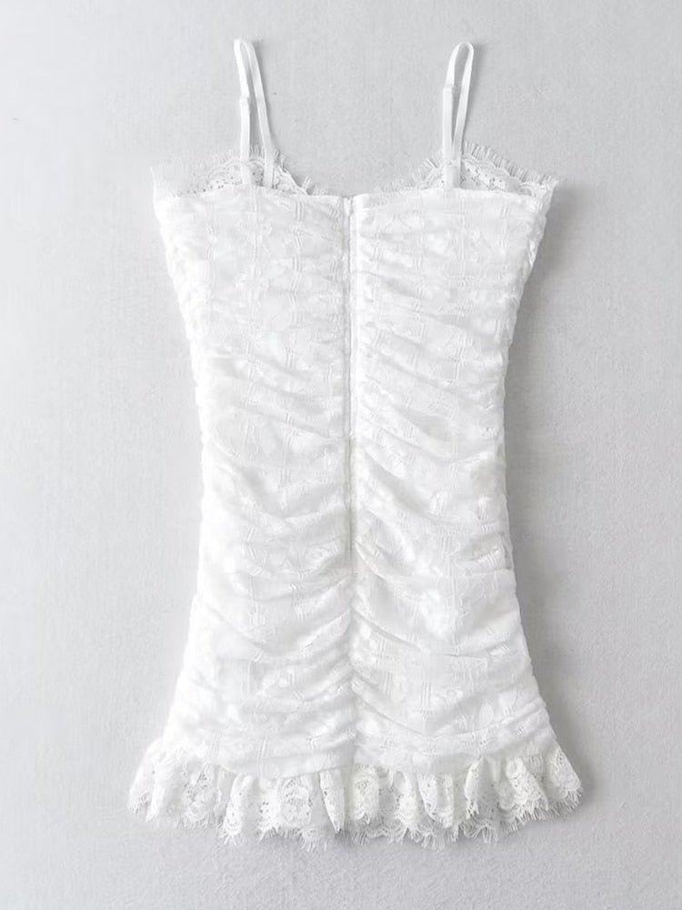 New Women Sleeveless White Sling Lace Dress Fashion Ladies Ruched Bodycon Mini Sexy Robe - Image 2