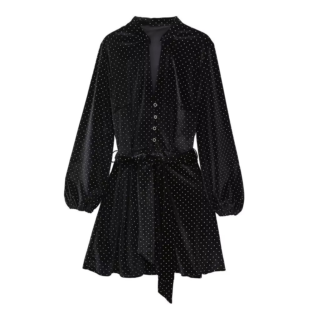 New Fashion Women Black Velvet Shirt Dress With Belt Long Sleeve Female Autumn Winter Mini Dress - Image 4