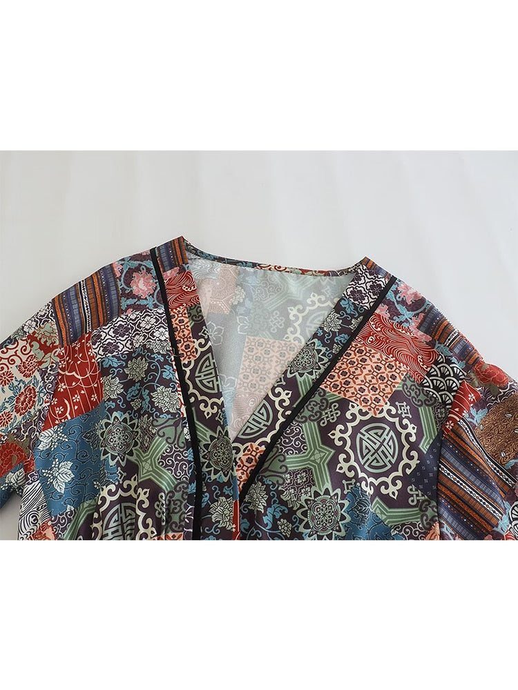 New 2023 Women Vintage Floral Print Casual Long Dress Cross V Neck Female A-line Spring Vestidos - Image 3
