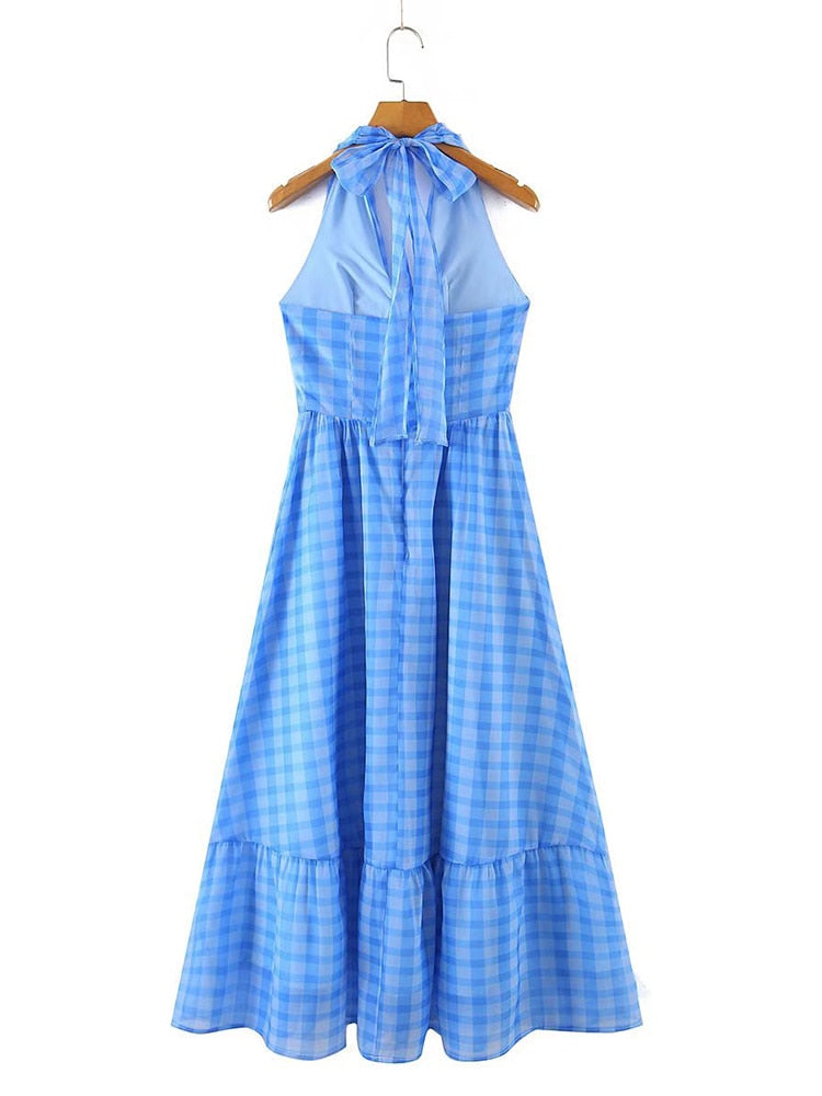 Romantic Women Blue Plaid Halter Long Dress Sexy Backless Sleeveless Ladies Holiday Summer Dresses Fairy Robe