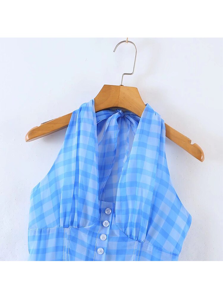 Romantic Women Blue Plaid Halter Long Dress Sexy Backless Sleeveless Ladies Holiday Summer Dresses Fairy Robe - Image 2