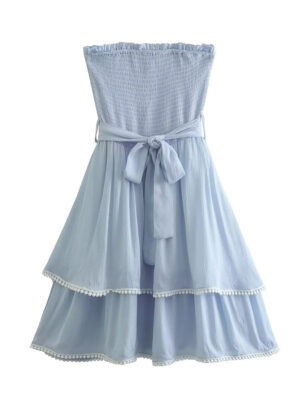 New Women With Belt Blue Strapless Sexy Dress Sleeveless Elegant Ladies Mini Dresses