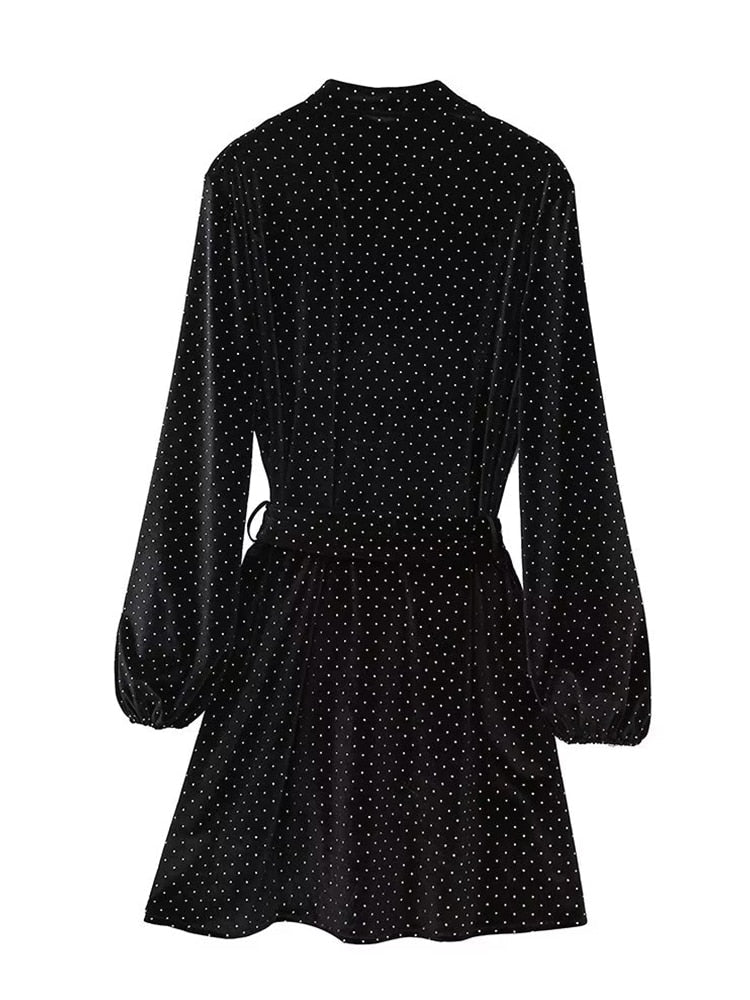 New Fashion Women Black Velvet Shirt Dress With Belt Long Sleeve Female Autumn Winter Mini Dress - Image 2