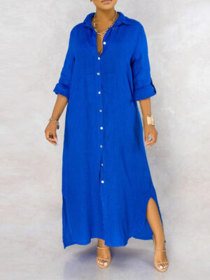 Solid Button Maxi Shirt Dress