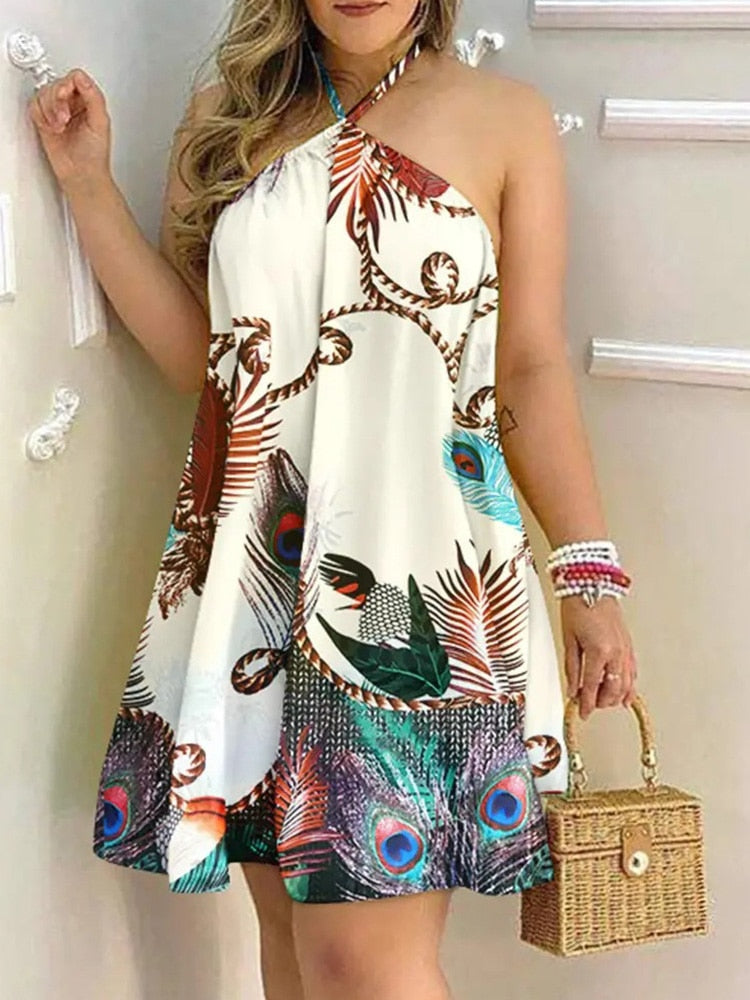 Tropical Print Halter Backless Casual Dress Women Strapless Summer Dress - Image 2