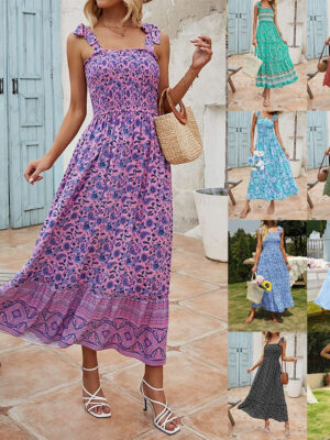 New European and American summer women's clothing bohemian printed fashion dress sling loose casual dress