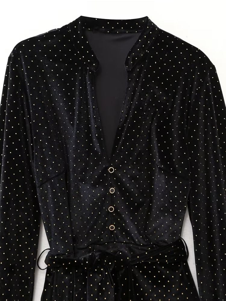 New Fashion Women Black Velvet Shirt Dress With Belt Long Sleeve Female Autumn Winter Mini Dress - Image 3