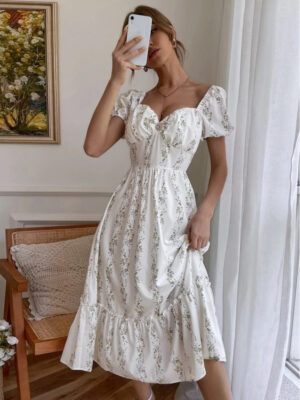 Allover Floral Square Neck Flounce Sleeve Dress