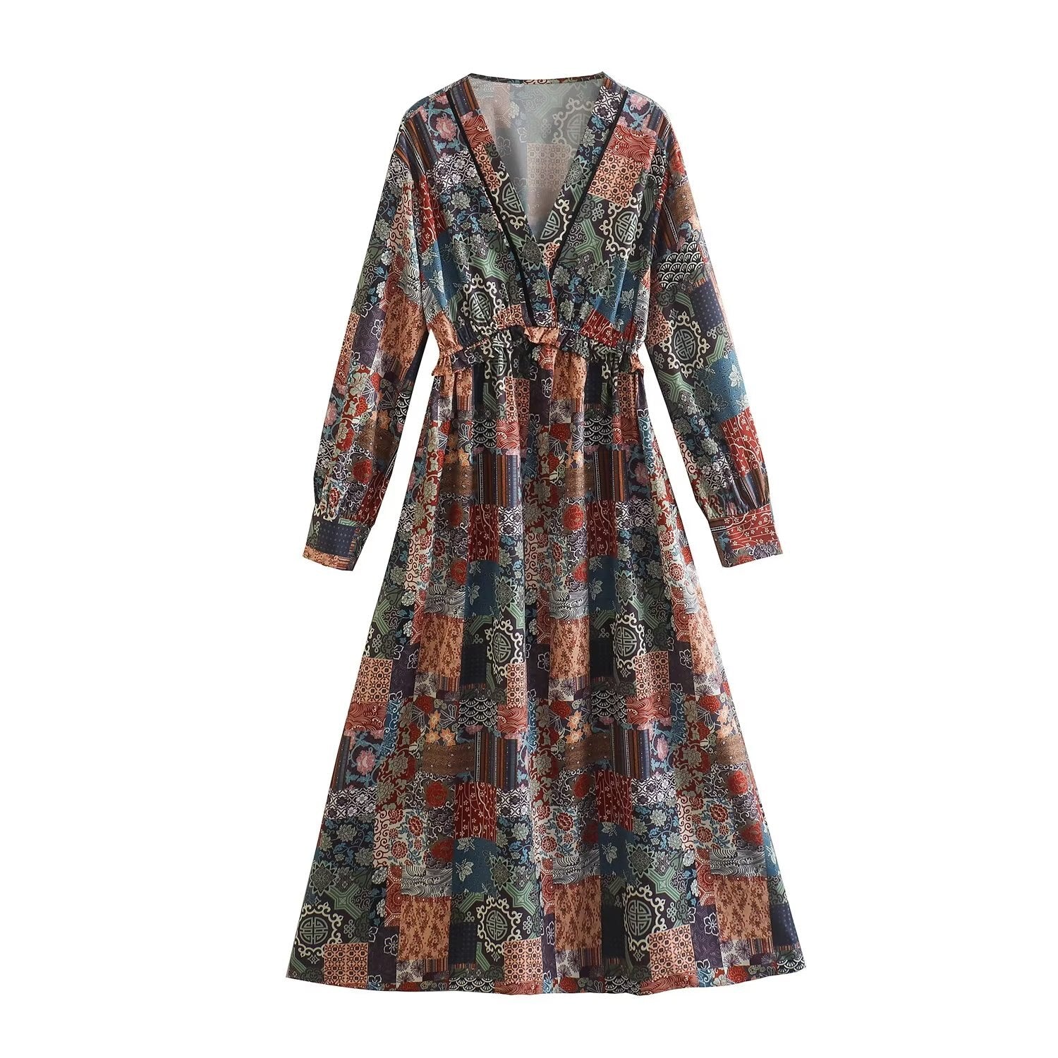 New 2023 Women Vintage Floral Print Casual Long Dress Cross V Neck Female A-line Spring Vestidos - Image 4