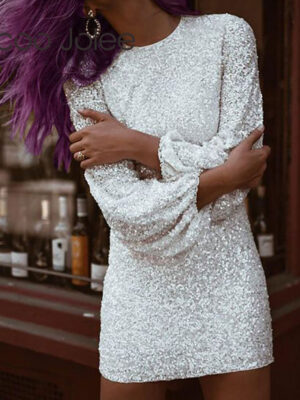 Long Sleeve Sequined Mini Evening Dress