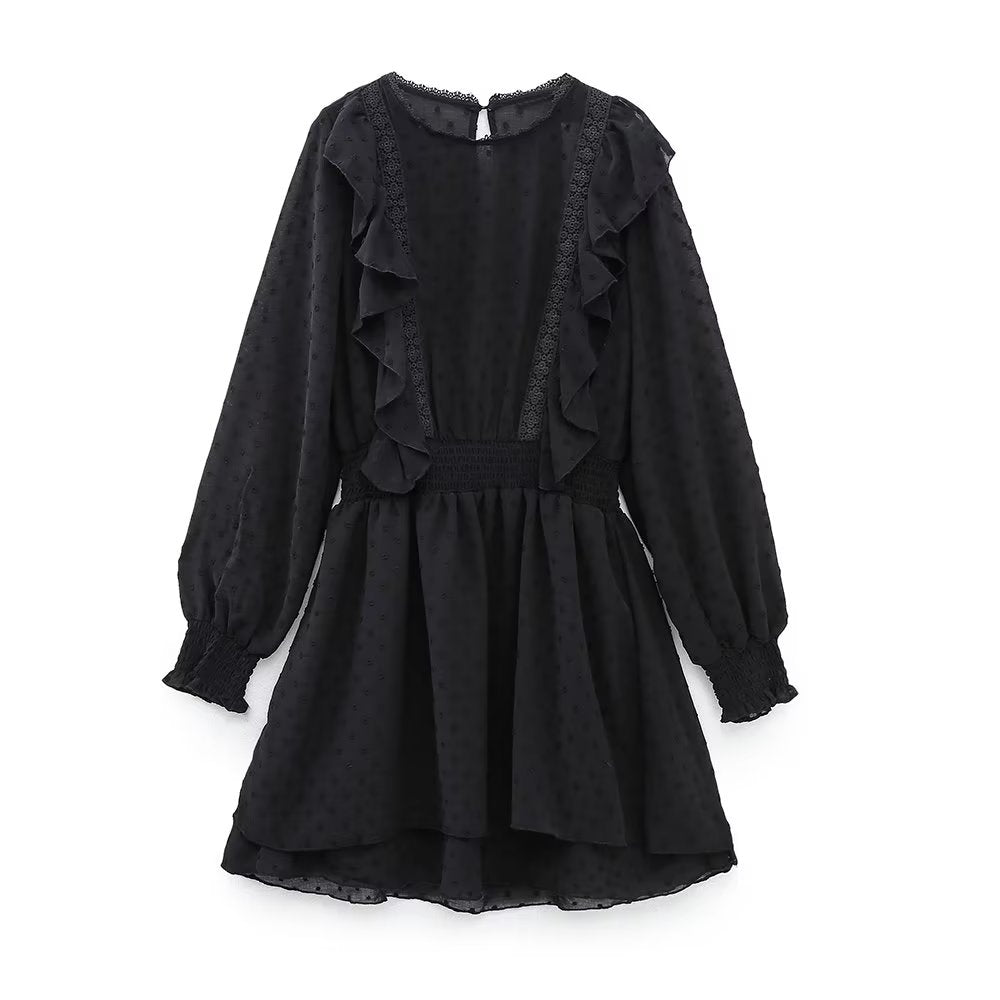 New Spring Women Ruffled Dotted Black Dress Long Sleeve Elastic Waist Female Vintage Dresses Short Vestidos - Image 4