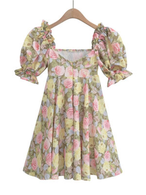 Summer Women Rose Floral Print Dress Sexy Backless Puff Sleeve Ladies Holiday Party Mini Dresses
