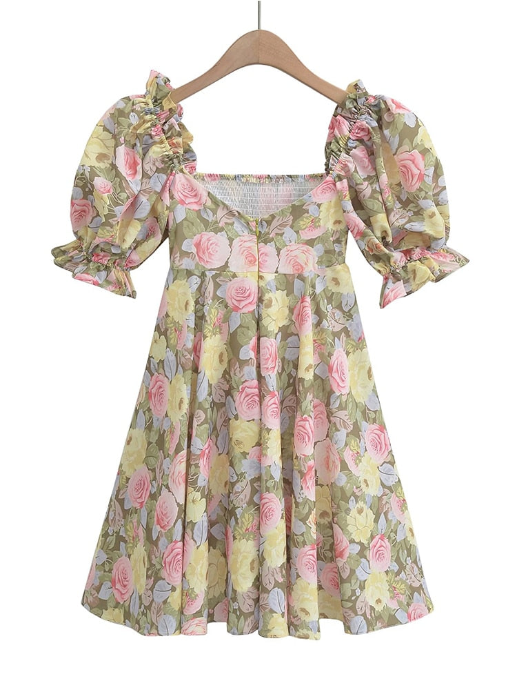 Summer Women Rose Floral Print Dress Sexy Backless Puff Sleeve Ladies Holiday Party Mini Dresses