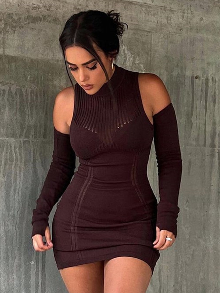 Women Fashion Solid Temperament Mini Dress Vintage Spliced Long Sleeve Hip Wrap Female Chic Lady Short Dresses