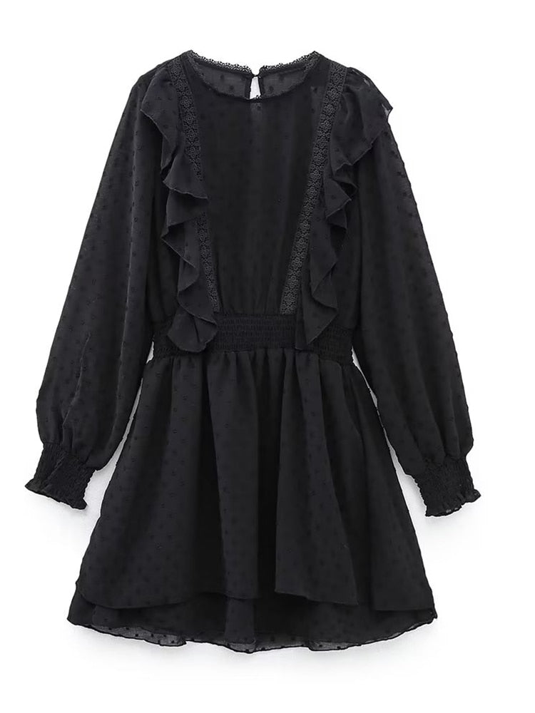 New Spring Women Ruffled Dotted Black Dress Long Sleeve Elastic Waist Female Vintage Dresses Short Vestidos