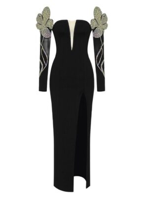 Sexy Beading Bandages Dress Women Bodycon Long Sleeve Clothes Club Party Evening Long Dress