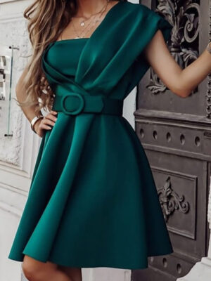 Women Green One Shoulder Flared Party Dress With Belt