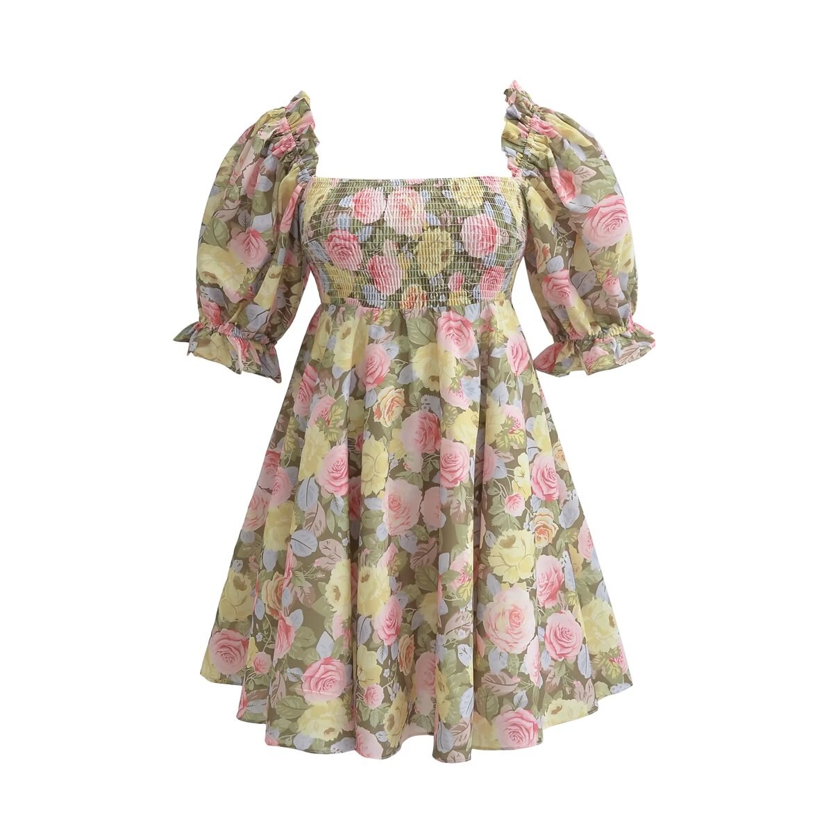 Summer Women Rose Floral Print Dress Sexy Backless Puff Sleeve Ladies Holiday Party Mini Dresses - Image 3