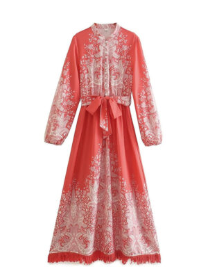 New Spring Women Vintage Floral Print Tassel Dress With Belt Ladies Elegant A-line Long Dress