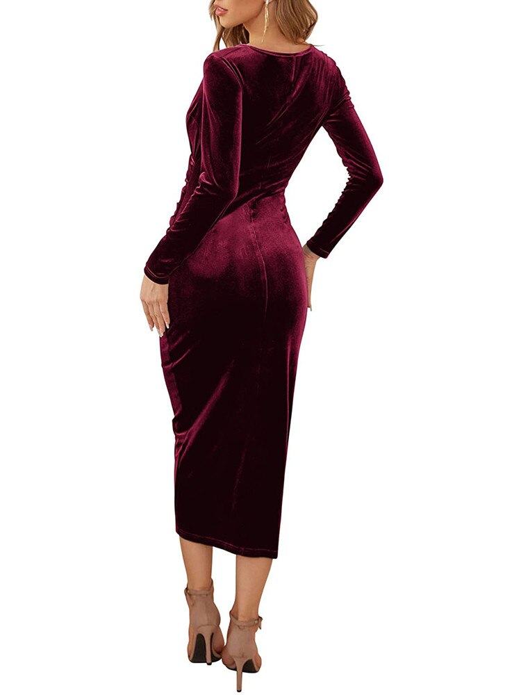 Sexy Club Party Women Dress Fashion Velvet Long Sleeve Bodycon Dress V-neck Ruched Midi Dresses for Women - Image 2