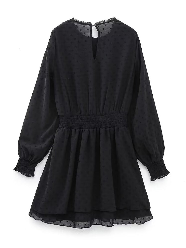New Spring Women Ruffled Dotted Black Dress Long Sleeve Elastic Waist Female Vintage Dresses Short Vestidos - Image 2