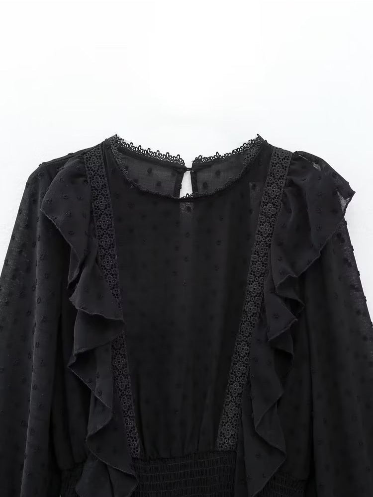 New Spring Women Ruffled Dotted Black Dress Long Sleeve Elastic Waist Female Vintage Dresses Short Vestidos - Image 3