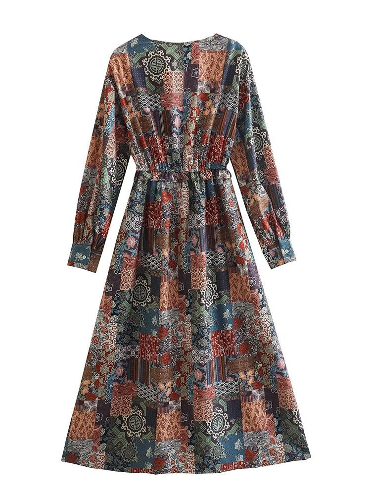 New 2023 Women Vintage Floral Print Casual Long Dress Cross V Neck Female A-line Spring Vestidos - Image 2
