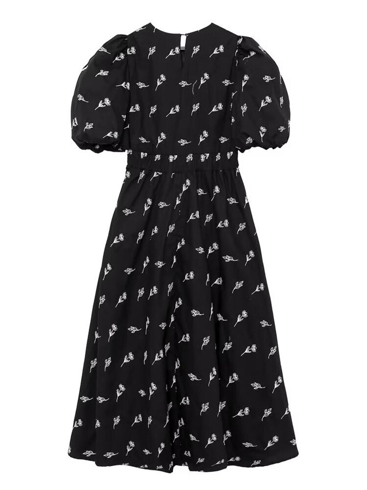 New Fashion Women Floral Embroidery Black Midi Dress Vintage Puff Sleeve O Neck Female Dress - Image 2